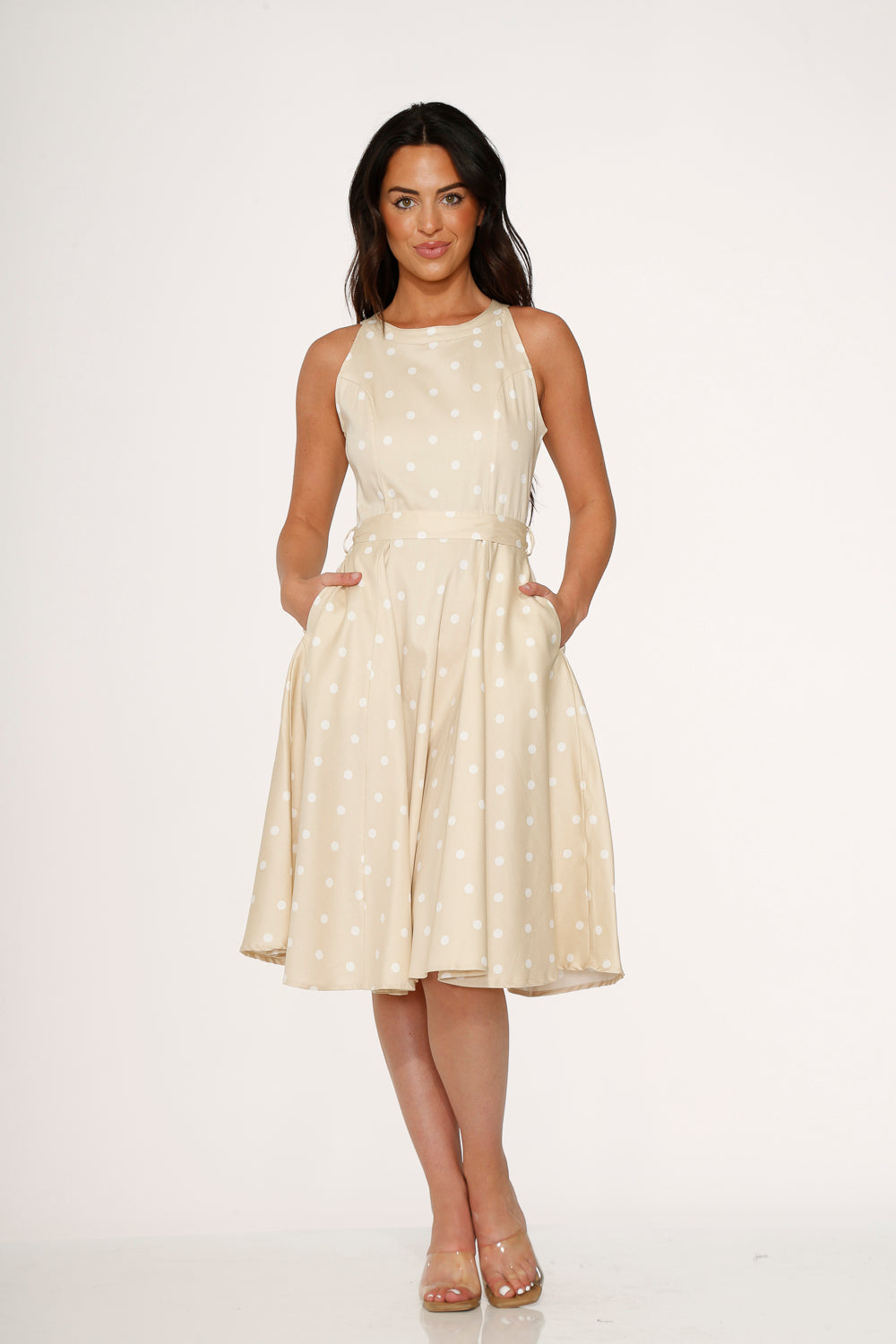 21920 Beige White Polka Dot Swing Dress Beige / 12 21920 Beige White Polka Dot Swing Dress Beige / 12