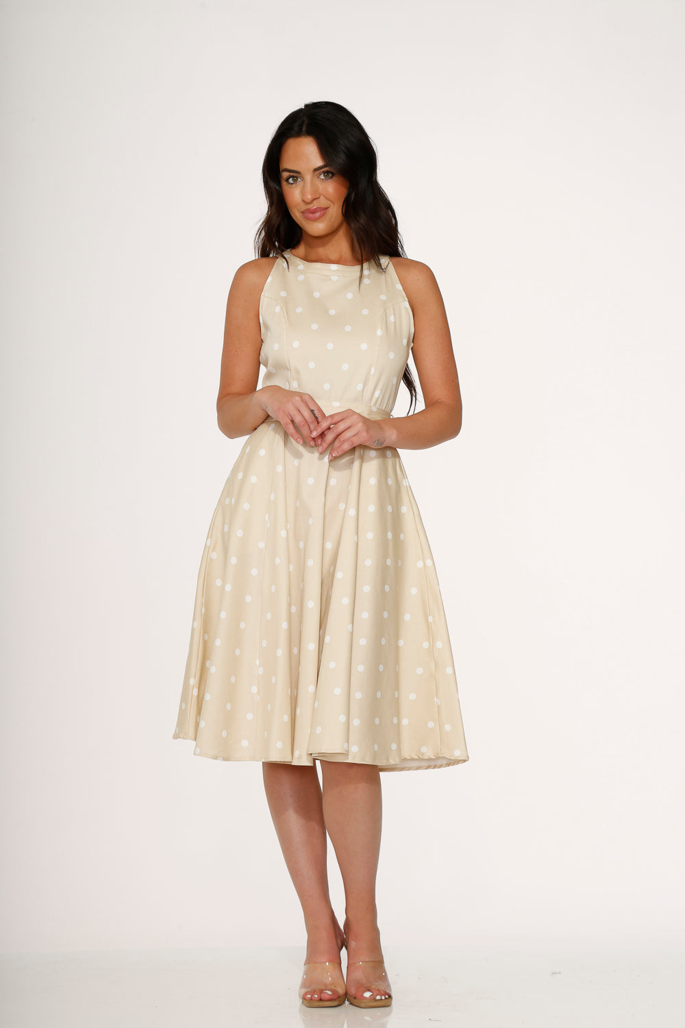 21920 Beige White Polka Dot Swing Dress Beige / 12 21920 Beige White Polka Dot Swing Dress Beige / 12
