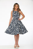 P21921 Blue Palm Tree Print Swing Dress
