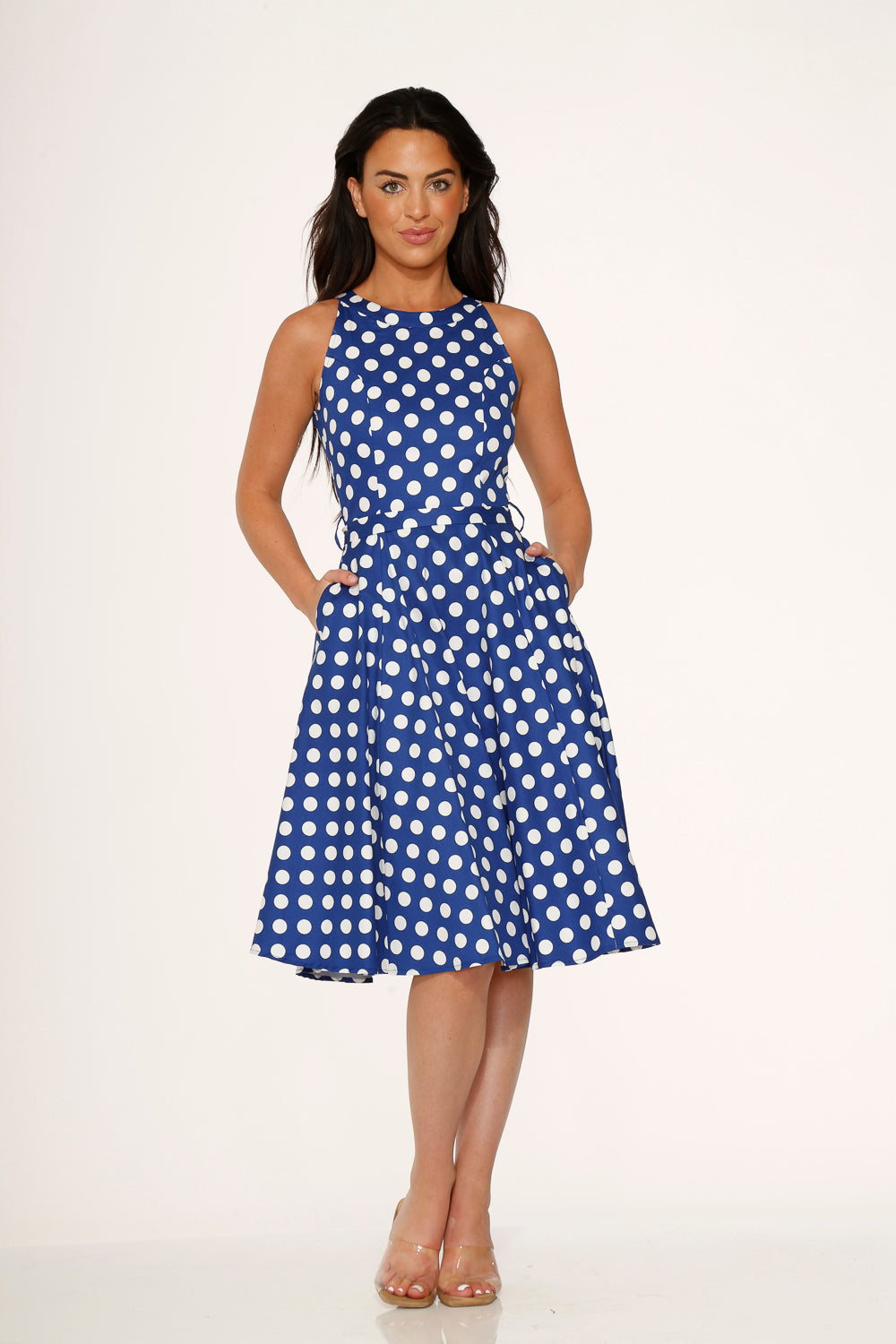 21921 Navy Blue White Polka Dot Swing Dress