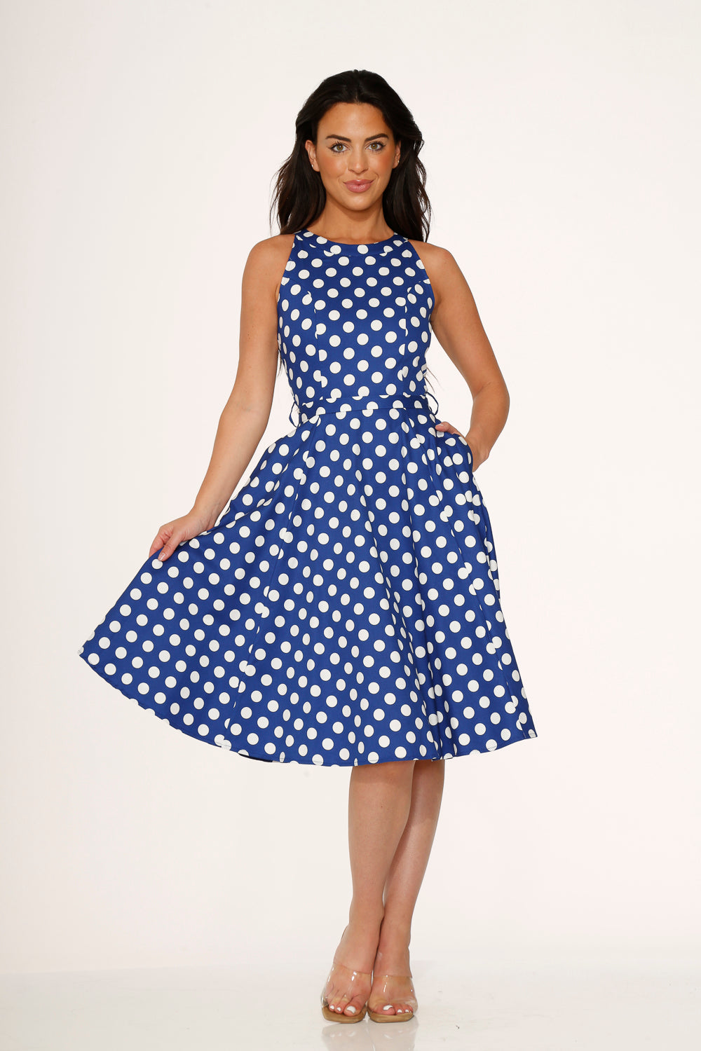 21921 Navy Blue White Polka Dot Swing Dress 14 21921 Navy Blue White Polka Dot Swing Dress 14