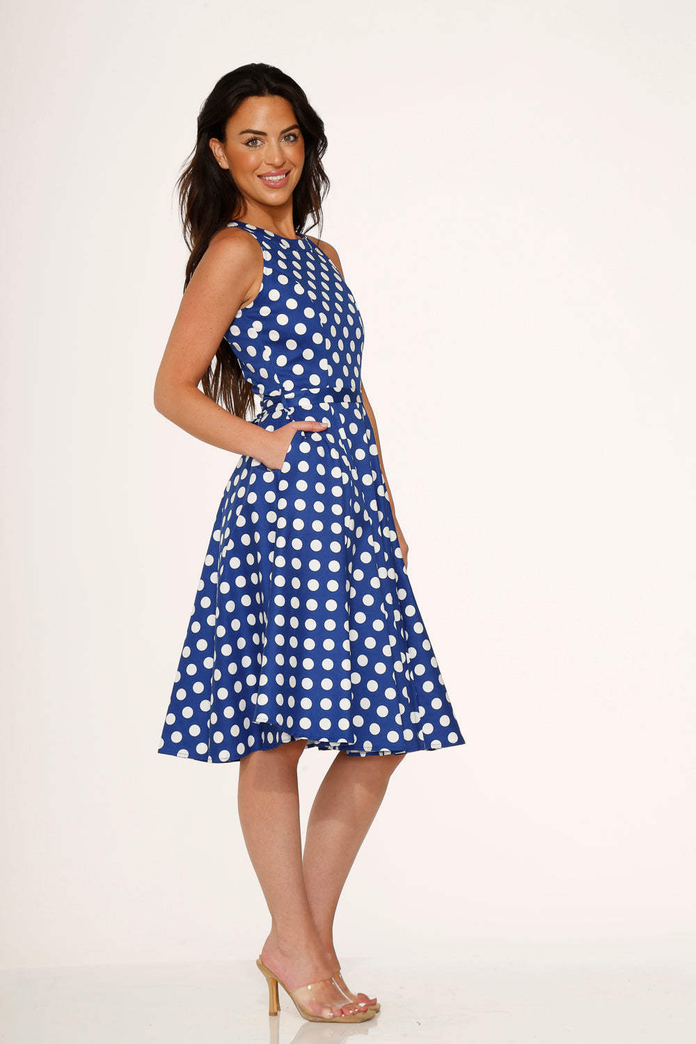 21921 Navy Blue White Polka Dot Swing Dress