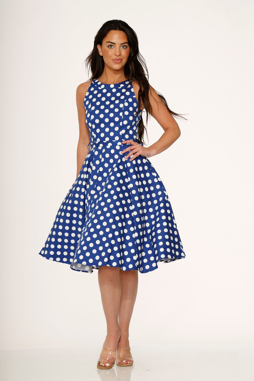 21921 Navy Blue White Polka Dot Swing Dress