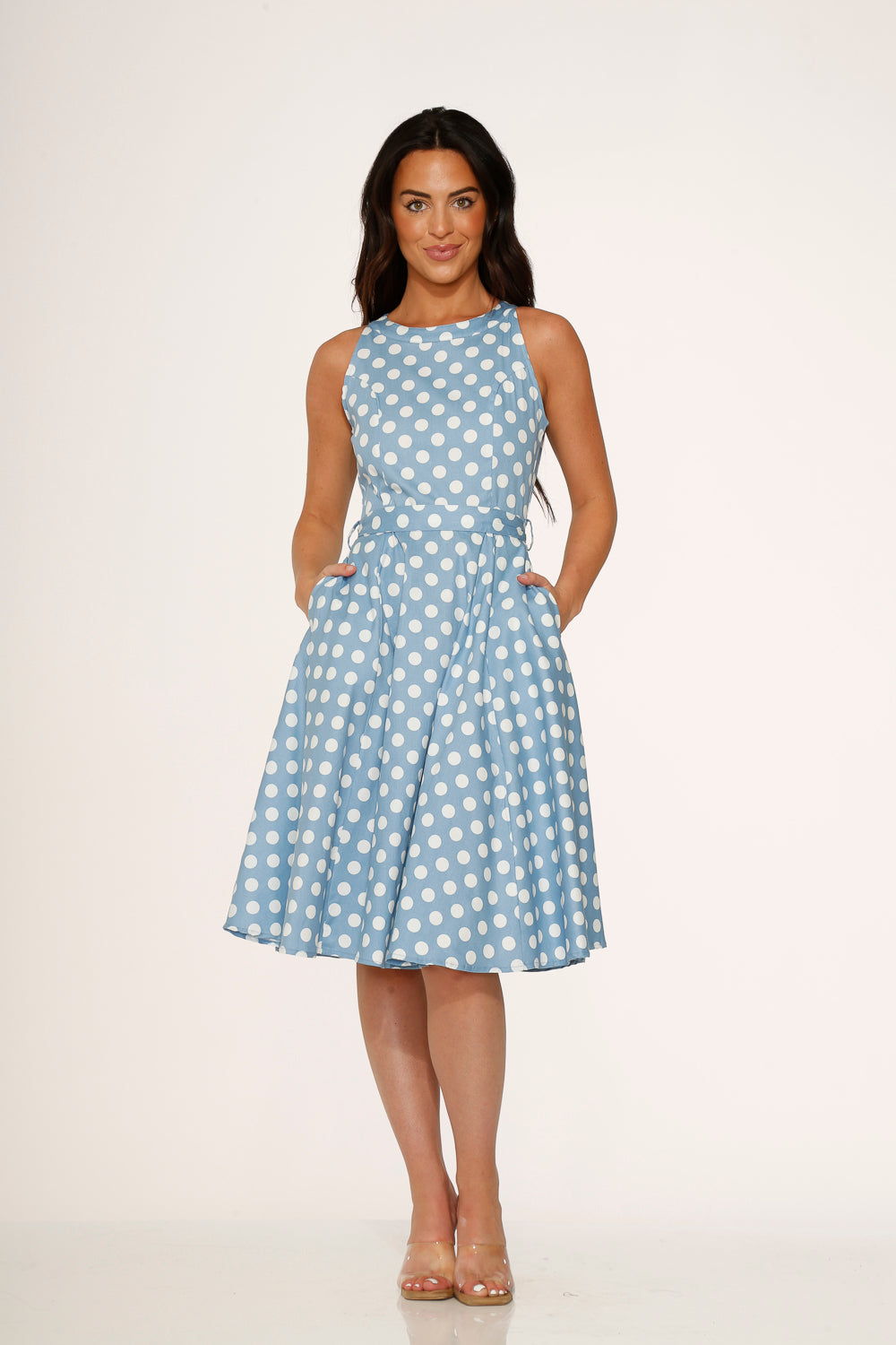 21922 Light Blue White Polka Dot Swing Dress