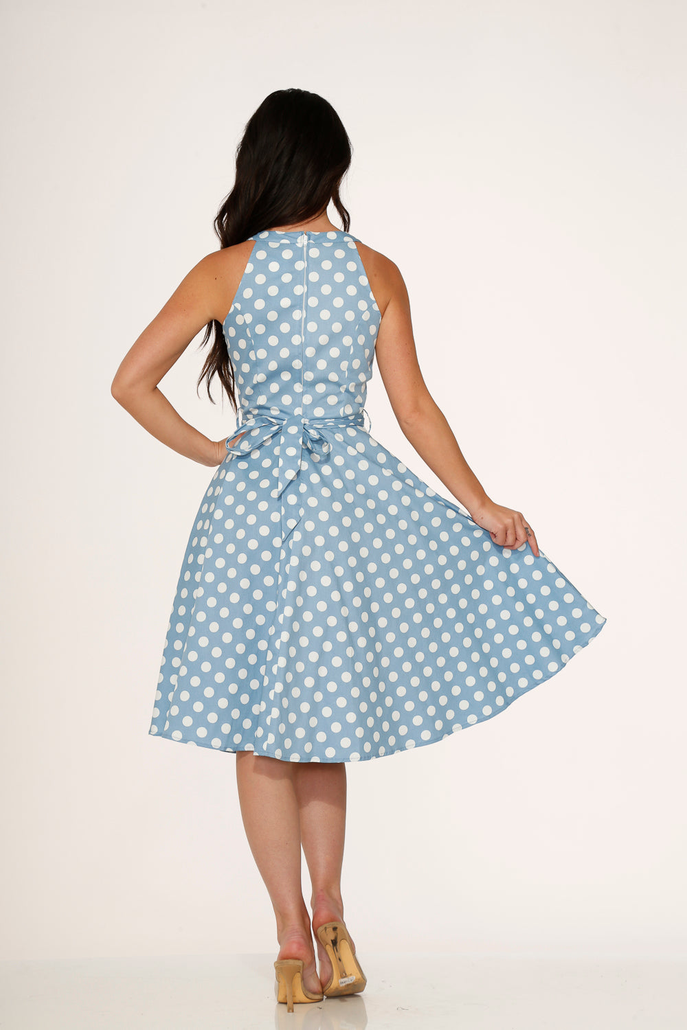 21922 Light Blue White Polka Dot Swing Dress Blue / 10