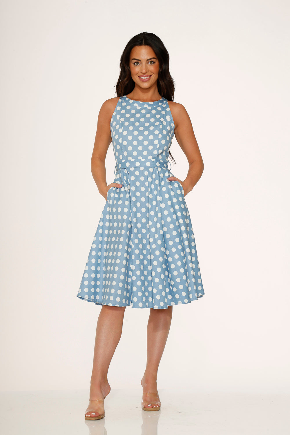 21922 Light Blue White Polka Dot Swing Dress Blue / 16 21922 Light Blue White Polka Dot Swing Dress Blue / 16