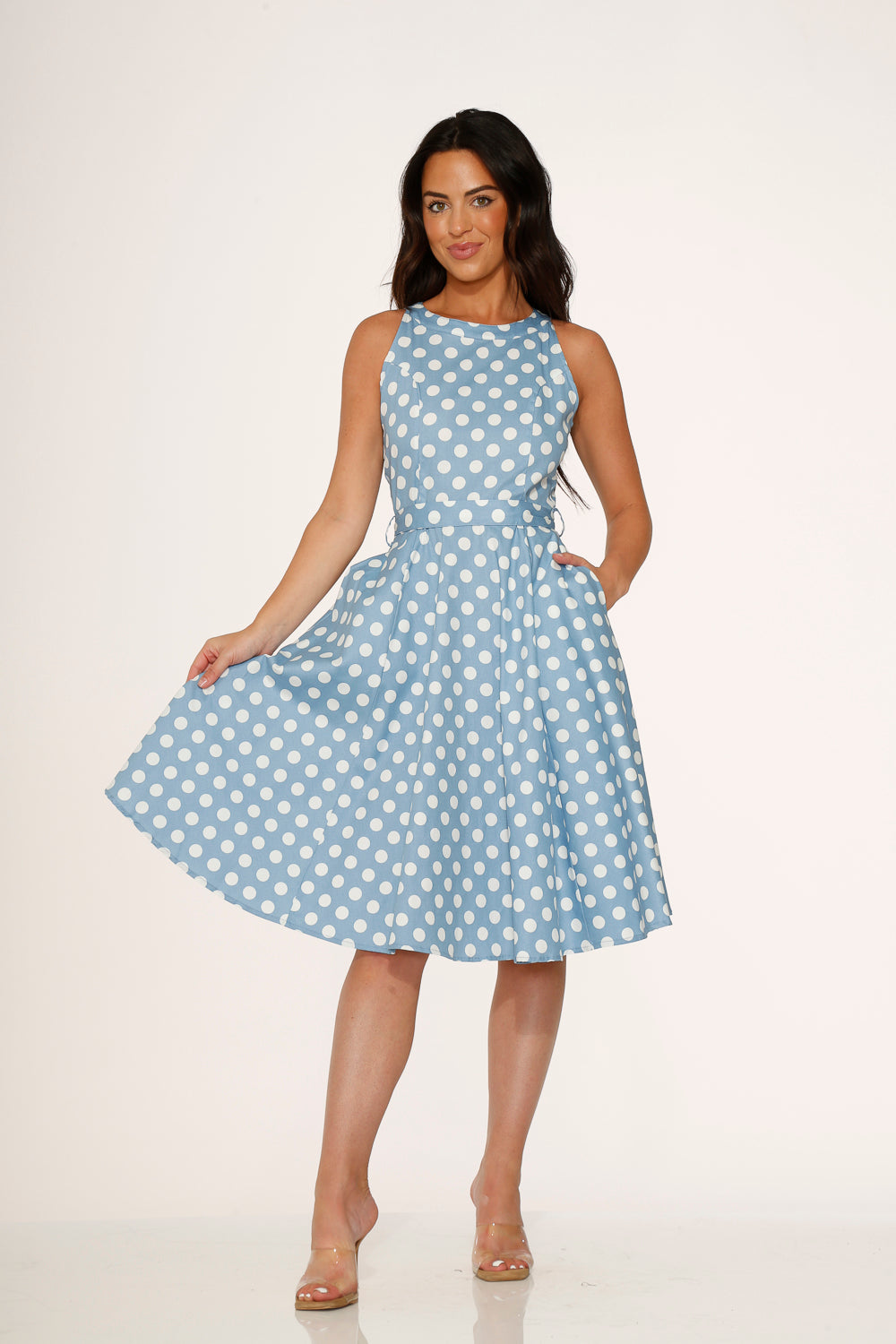 21922 Light Blue White Polka Dot Swing Dress Blue / 12 21922 Light Blue White Polka Dot Swing Dress Blue / 12