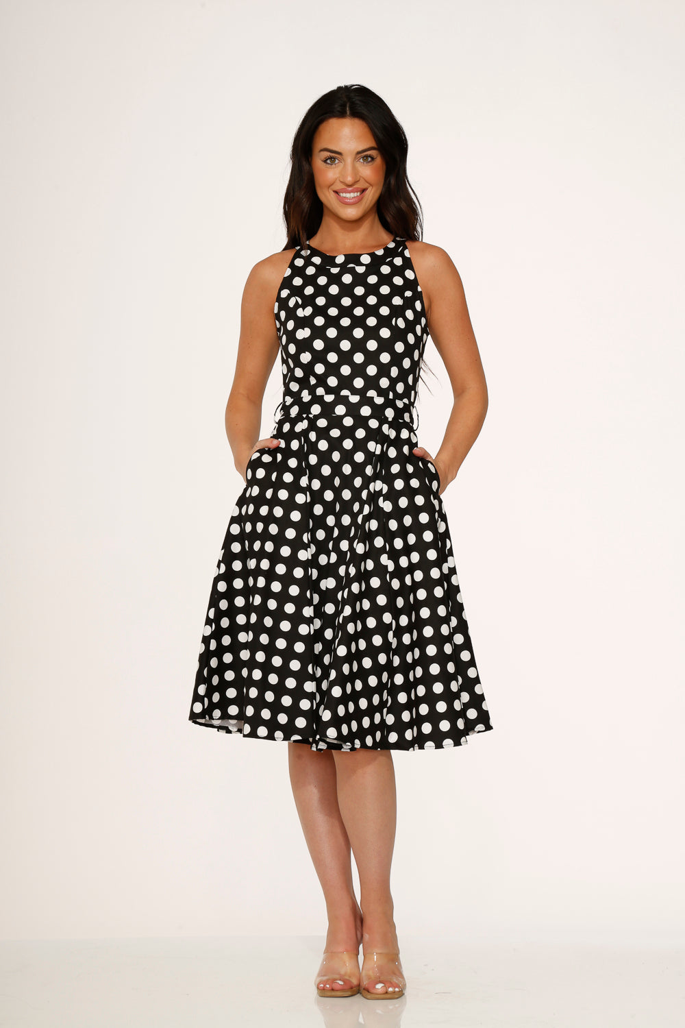 21923 Black White Polka Dot Swing Dress