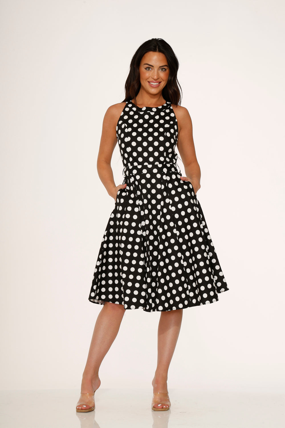 21923 Black White Polka Dot Swing Dress
