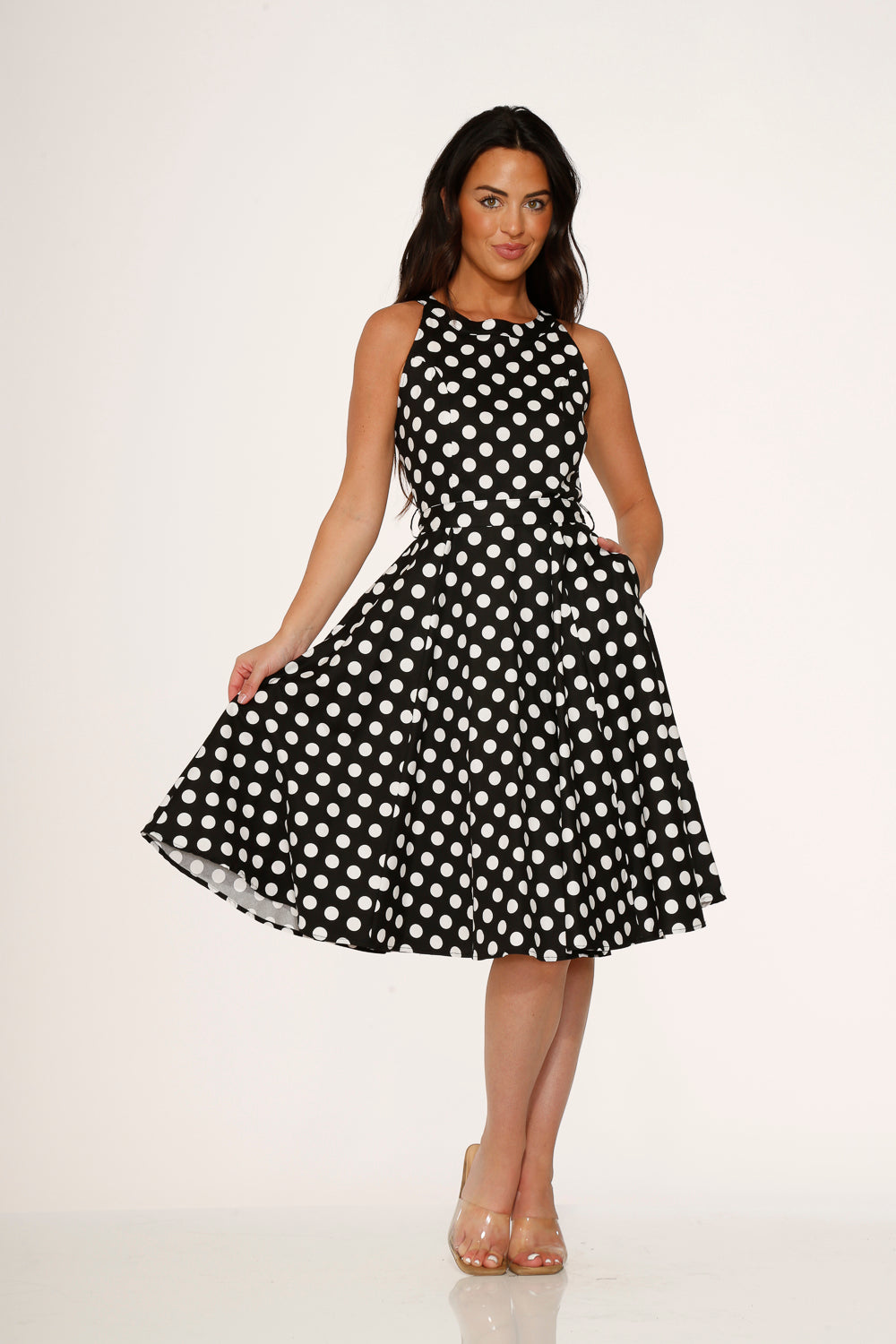 21923 Black White Polka Dot Swing Dress