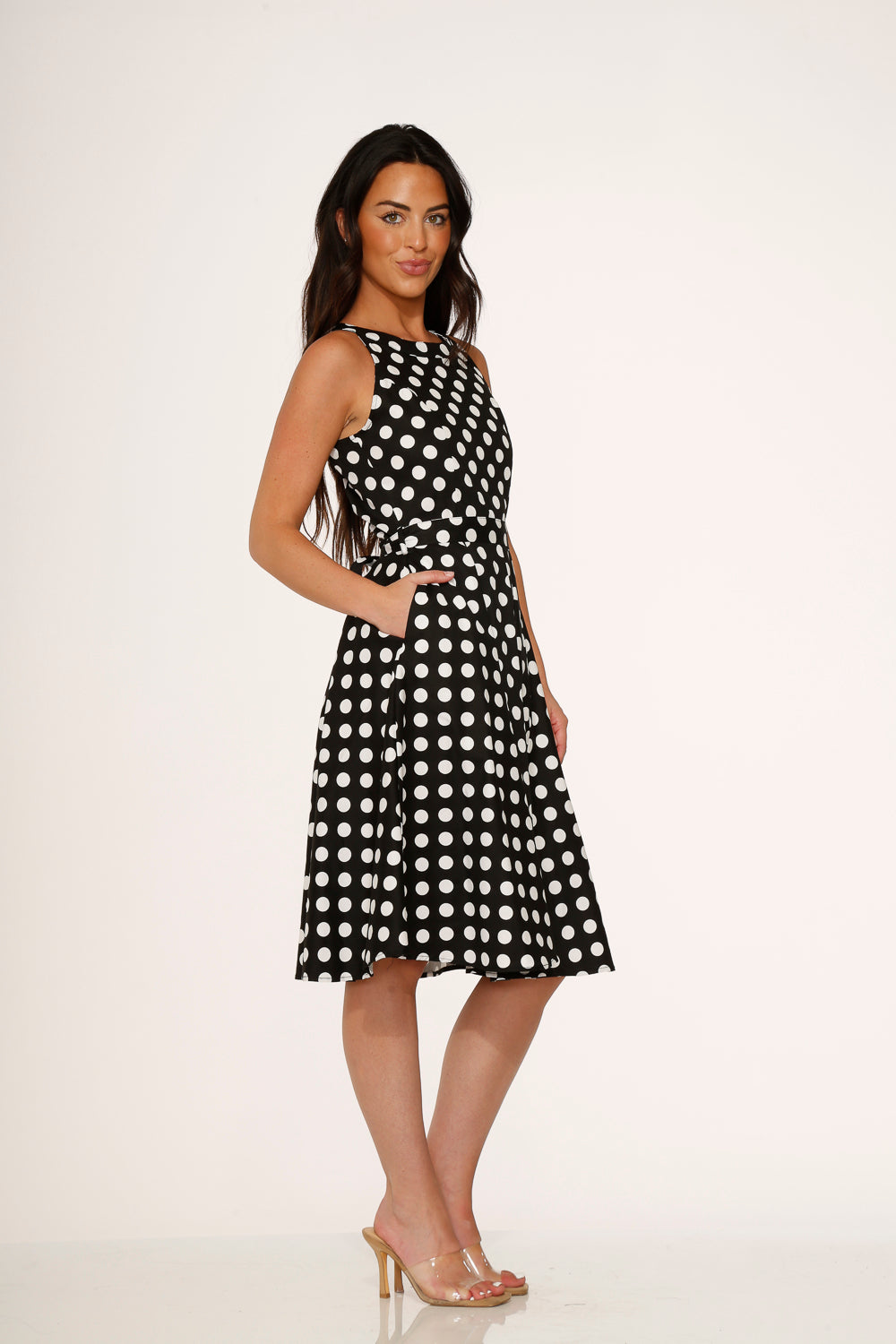 21923 Black White Polka Dot Swing Dress