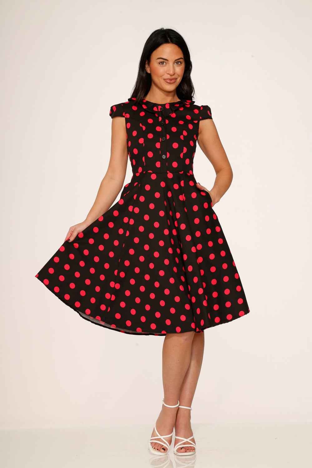 21971 Black Pink Polka Dot Swing Dress