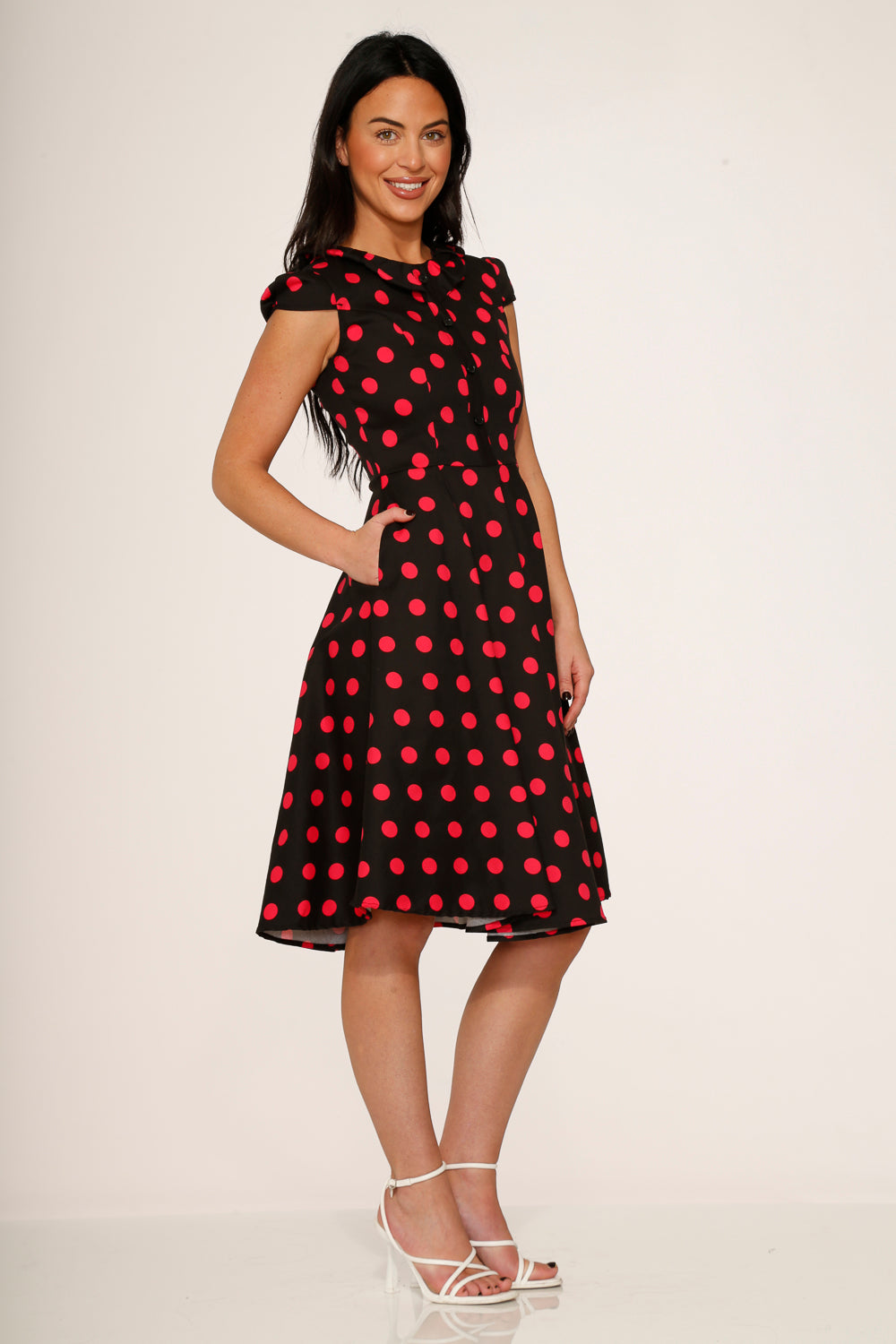 21971 Black Pink Polka Dot Swing Dress