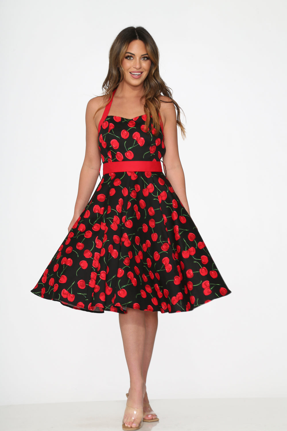 22110 Black Red Cherry Halter Dress