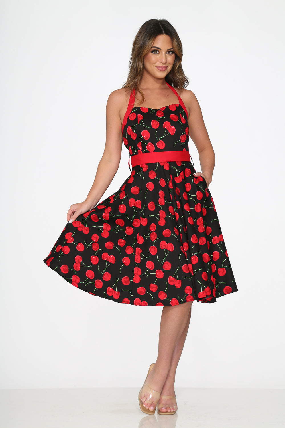 22110 Black Red Cherry Halter Dress