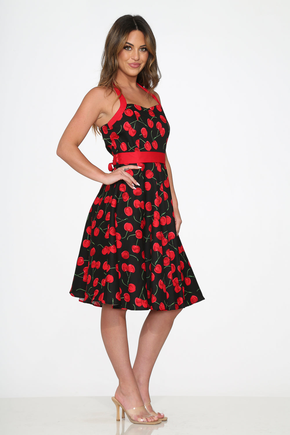 22110 Black Red Cherry Halter Dress