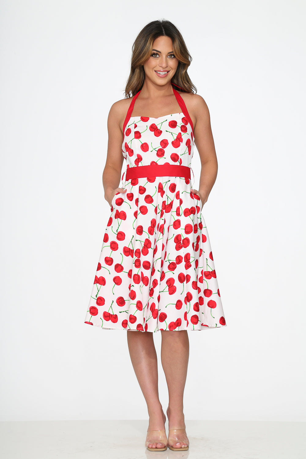 22111 White Red Cherry Halter Swing Dress