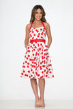 22111 White Red Cherry Halter Swing Dress