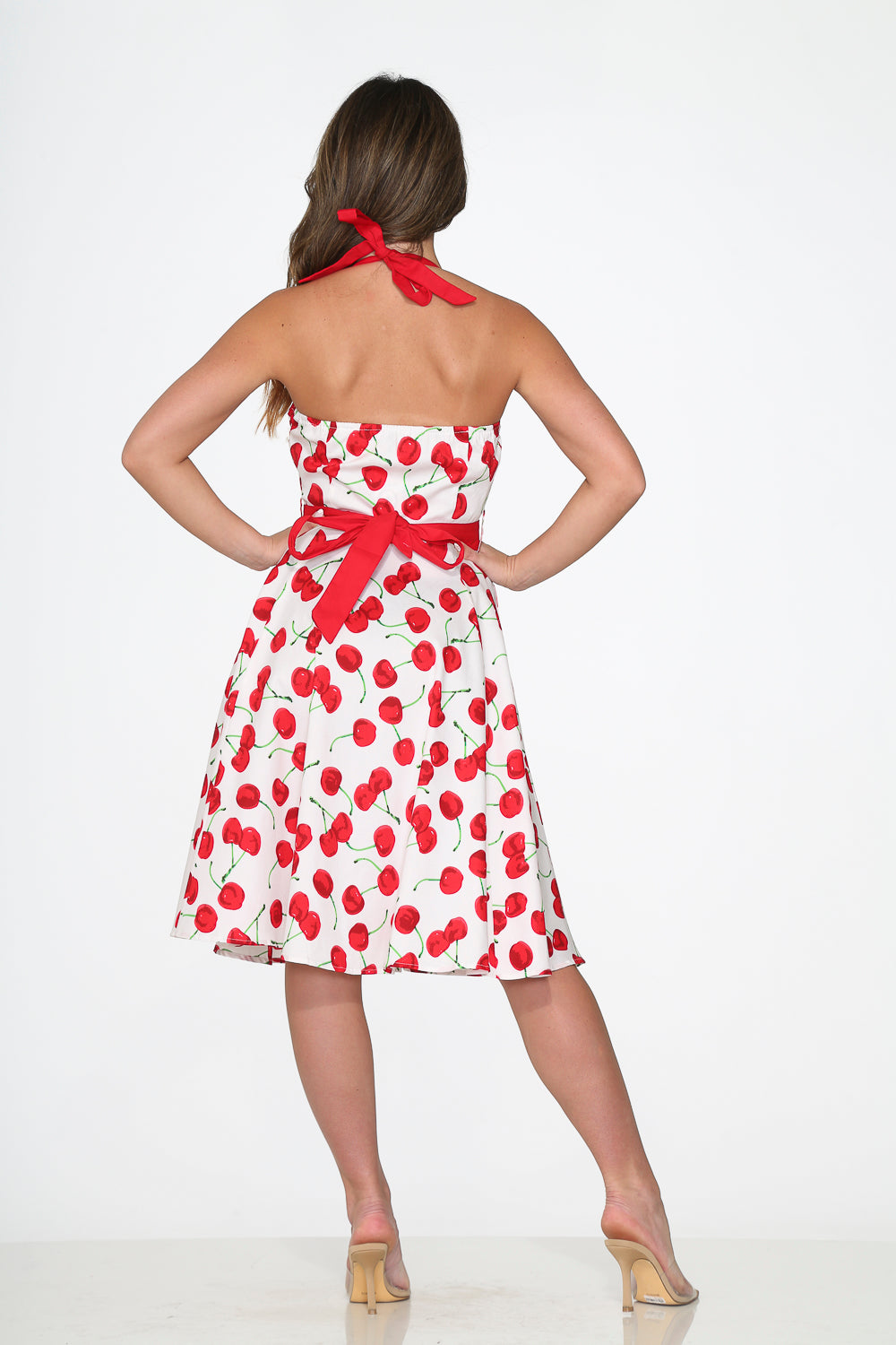 22111 White Red Cherry Halter Swing Dress