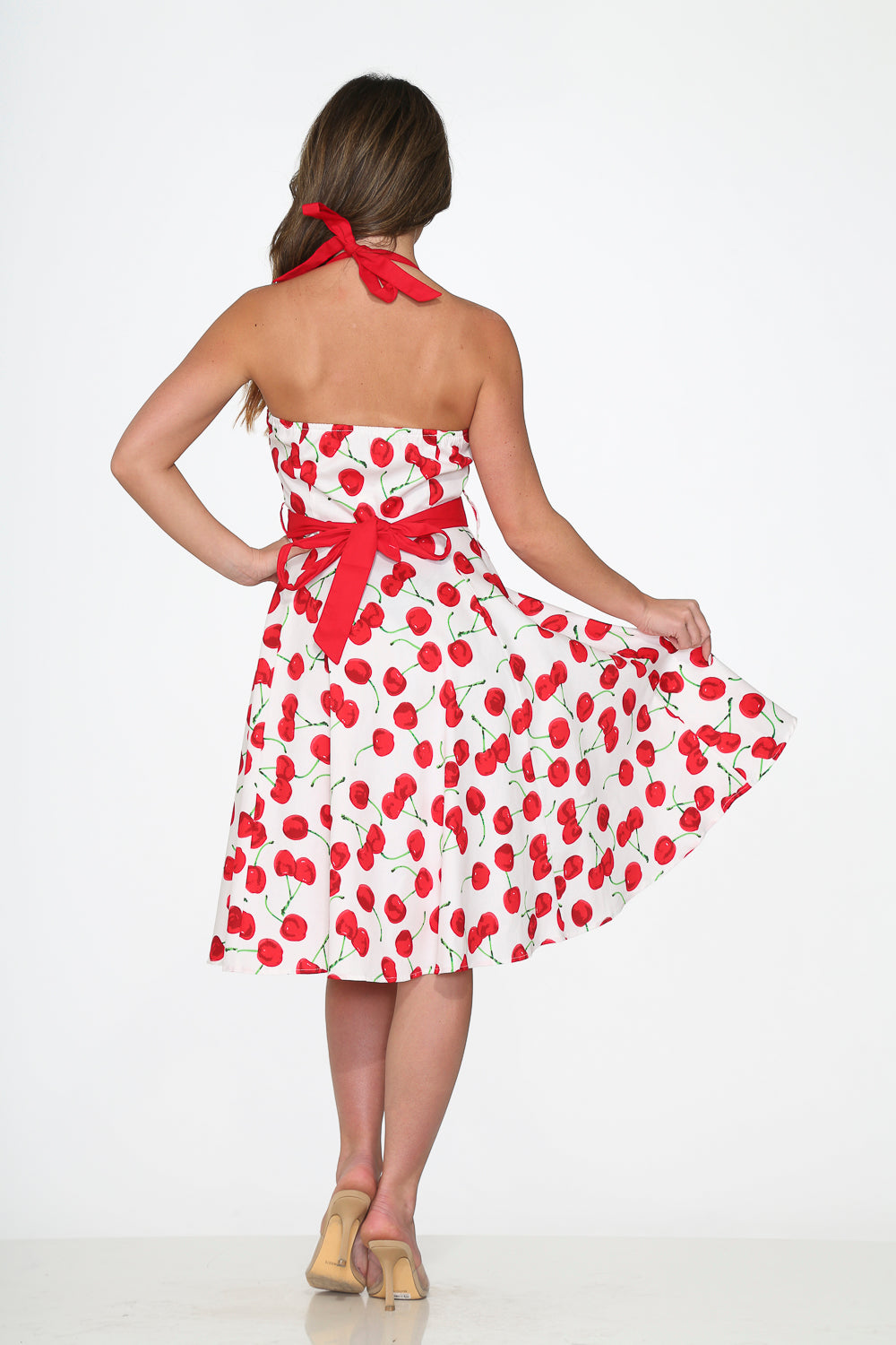 22111 White Red Cherry Halter Swing Dress