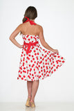 22111 White Red Cherry Halter Swing Dress