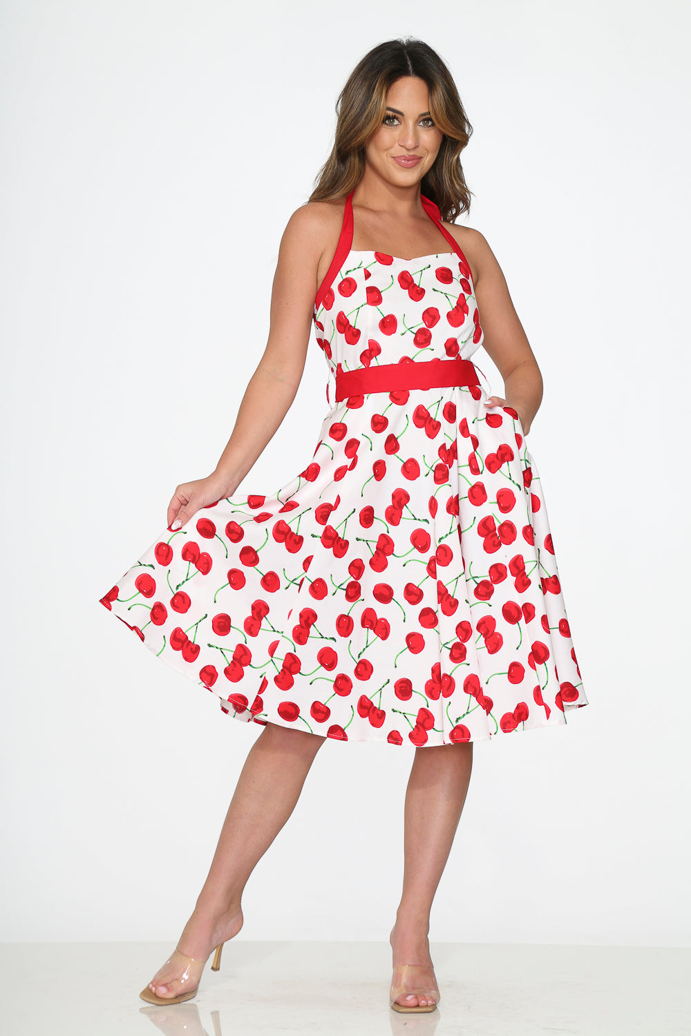 22111 White Red Cherry Halter Swing Dress