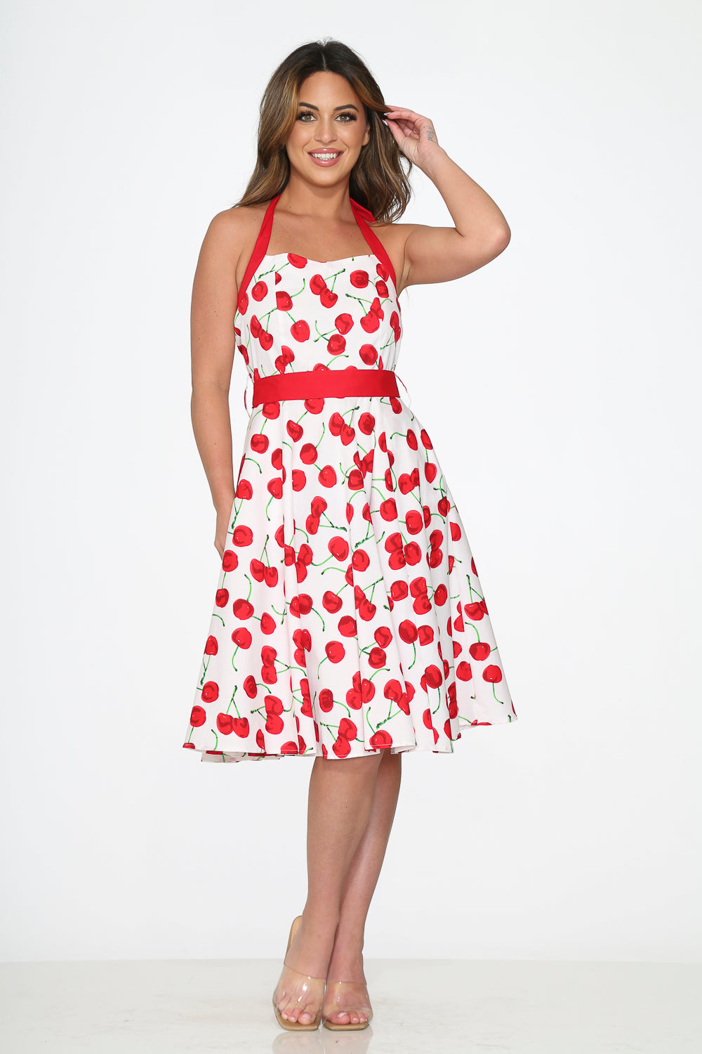 22111 White Red Cherry Halter Swing Dress