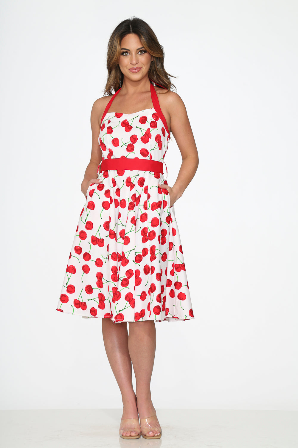 22111 White Red Cherry Halter Swing Dress