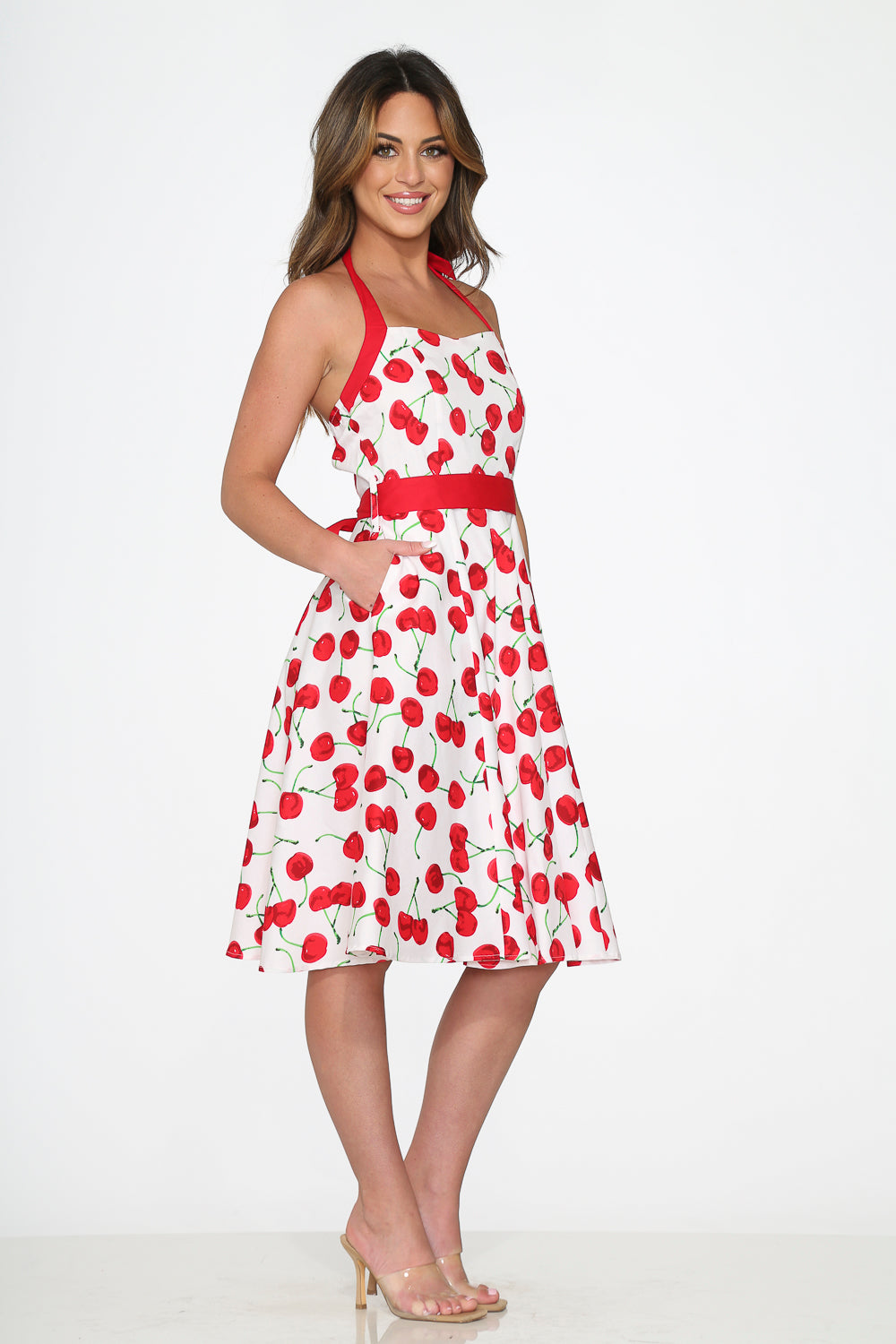 22111 White Red Cherry Halter Swing Dress