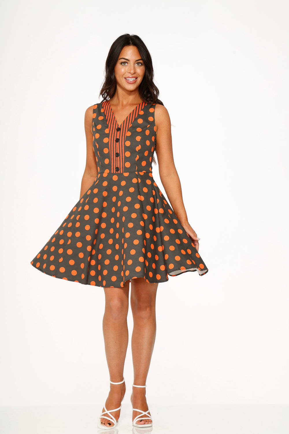 22960 Orange Polka Dot Swing MIni Dress