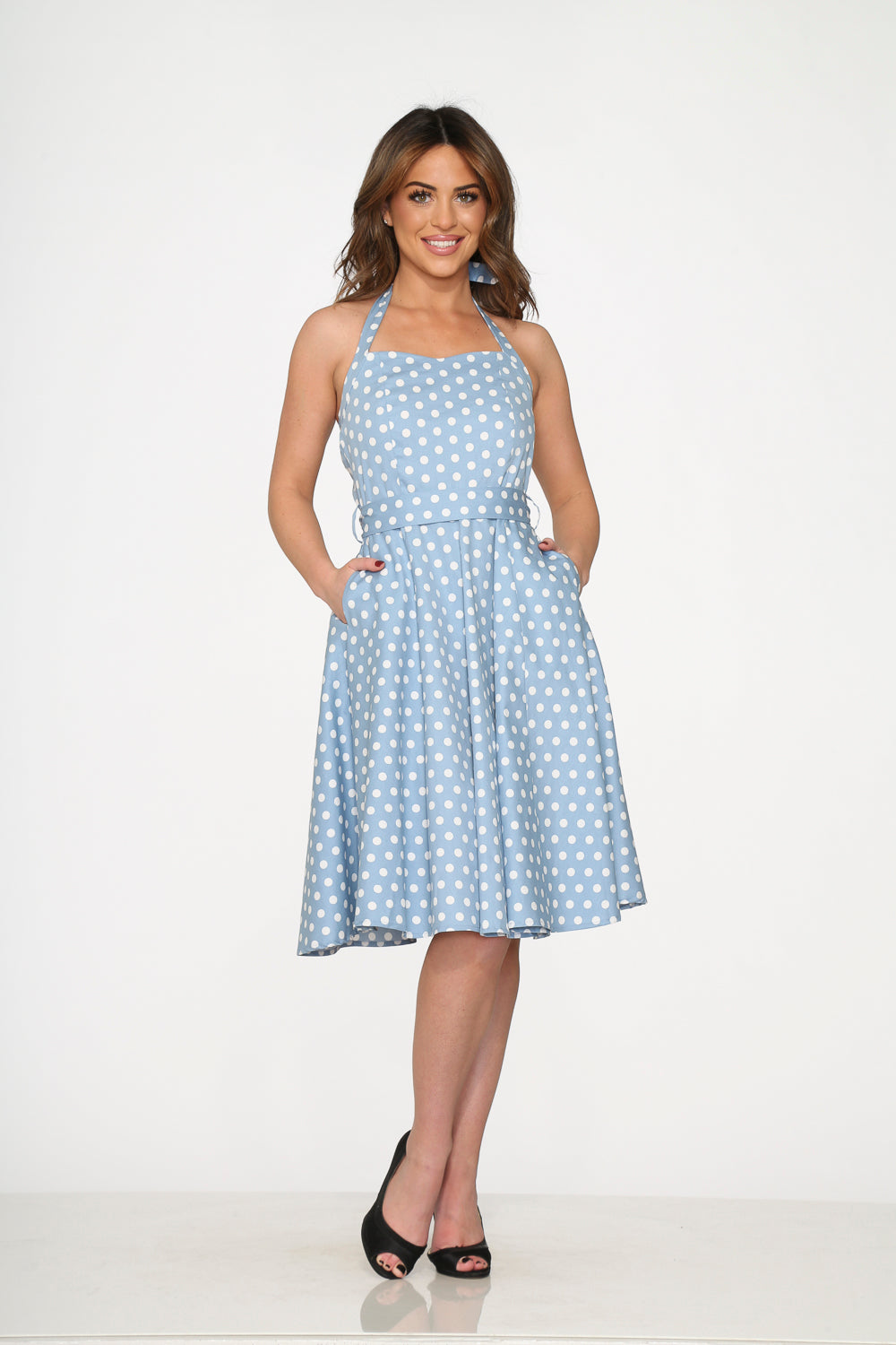 Light Blue & White Polka Dot Swing Dress Blue / 8