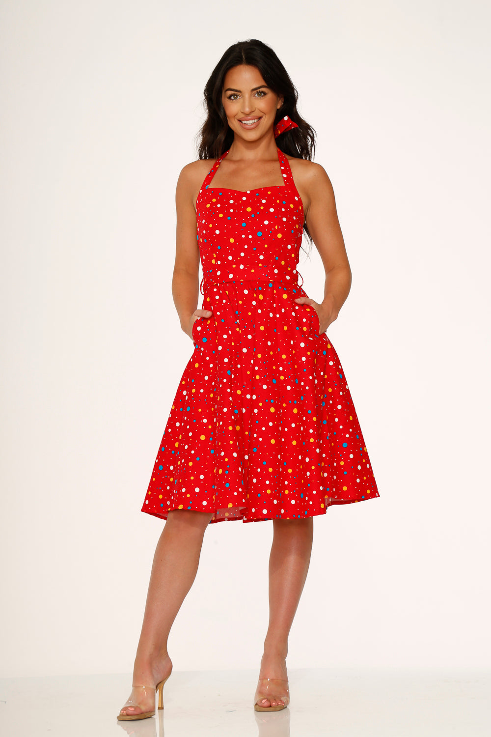 red halter swing dress Vassilux Women's Halter Neck Ruched Bow Swing Dress, Red Color Party Women Outfits, Masquerade Ball Dress, Birthday Women Outfits, Wedding Guest Dresses Summer