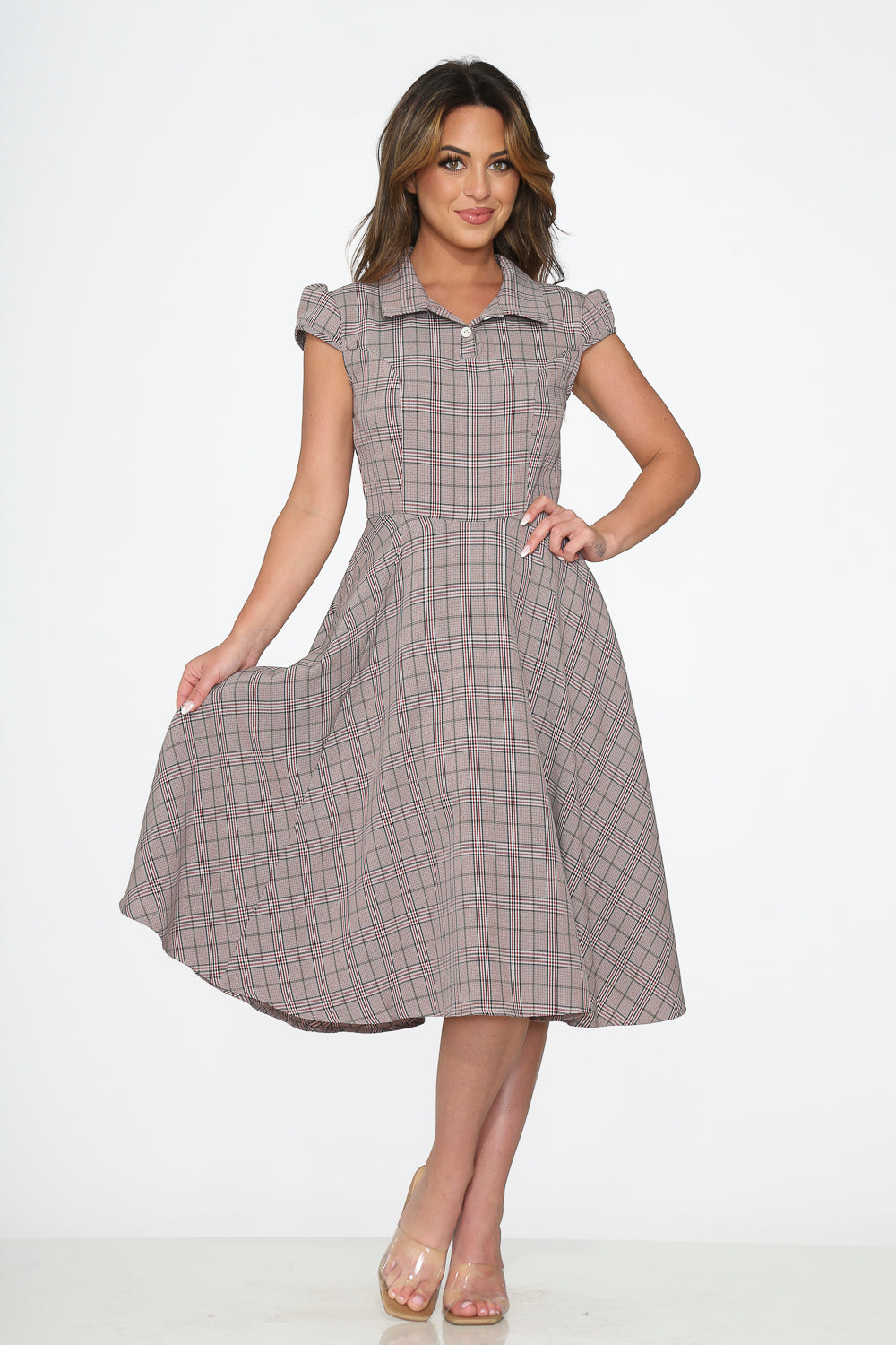 23340 Brown Plaid Swing Dress