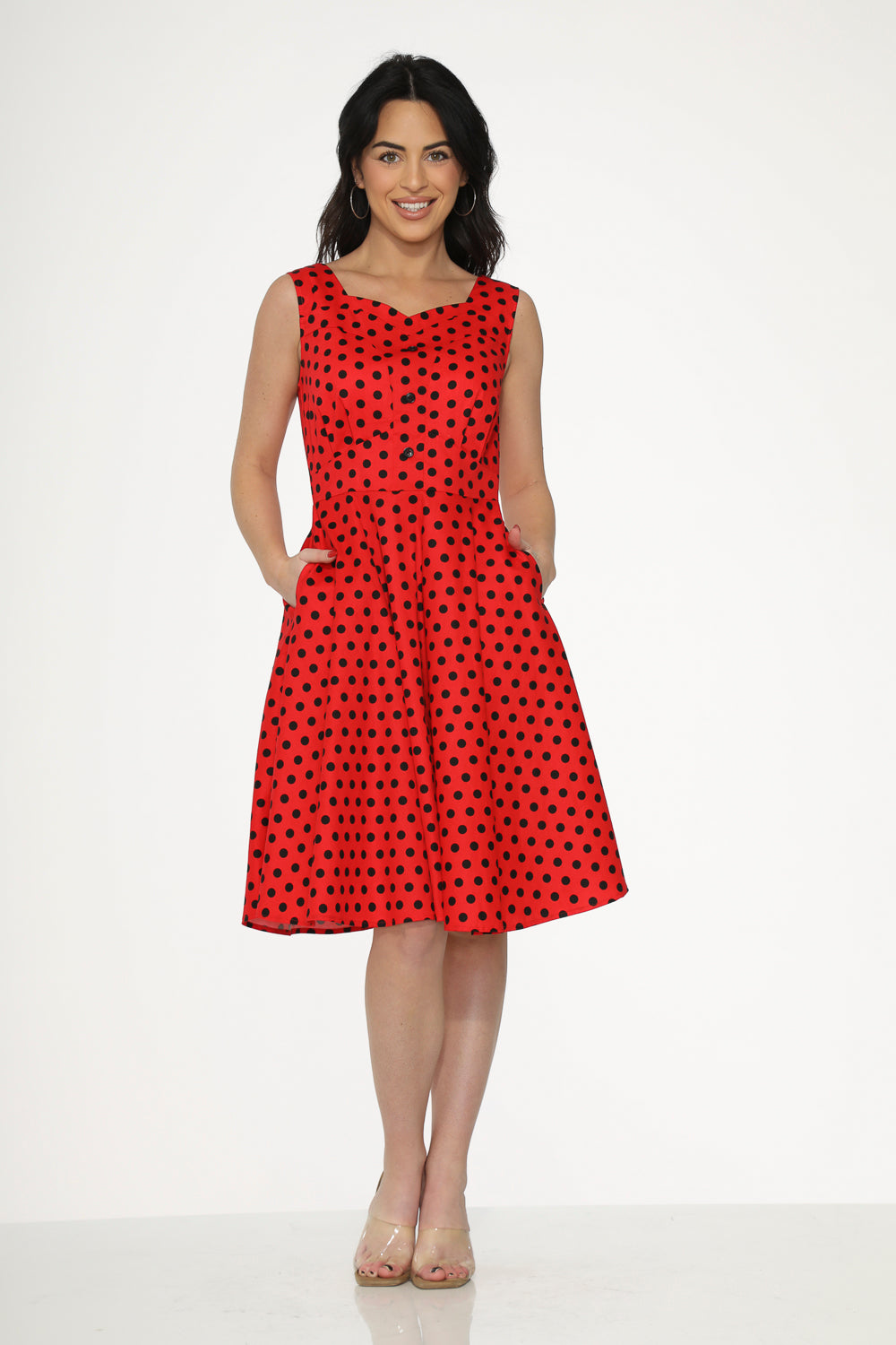 23640 Red Black Polka Dot Swing Dress