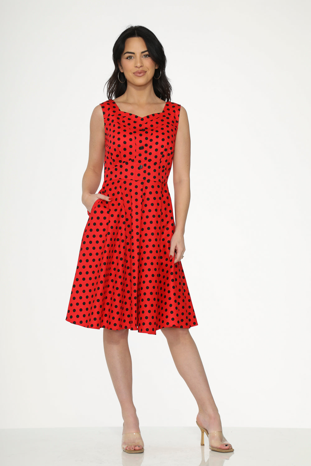 23640 Red Black Polka Dot Swing Dress