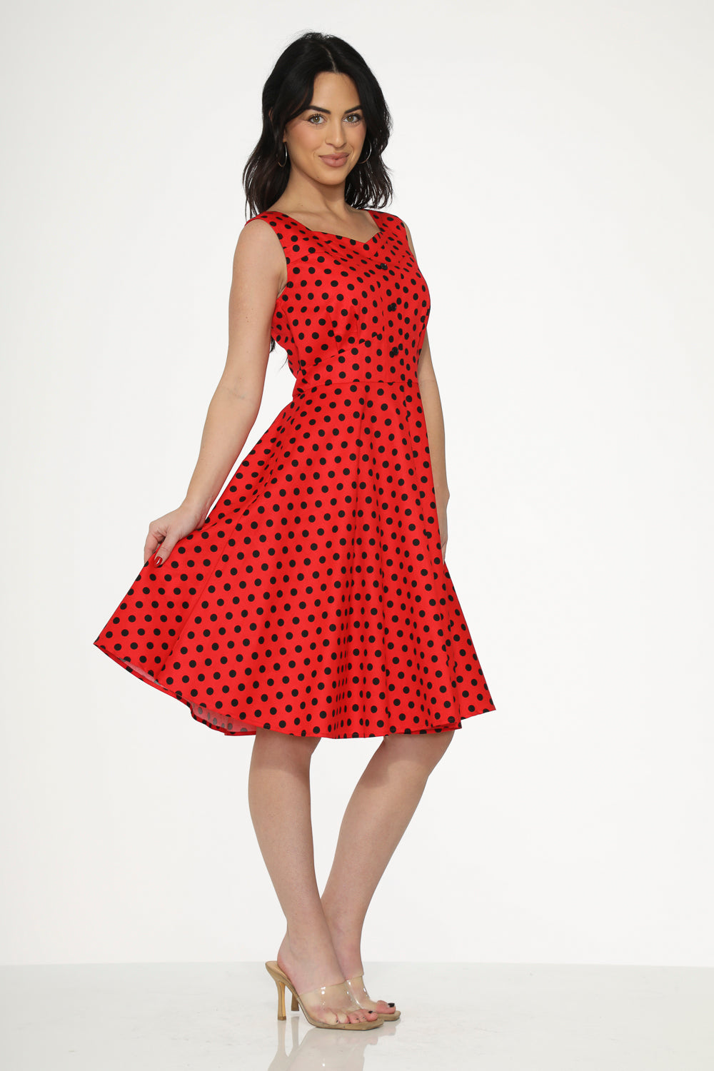 23640 Red Black Polka Dot Swing Dress