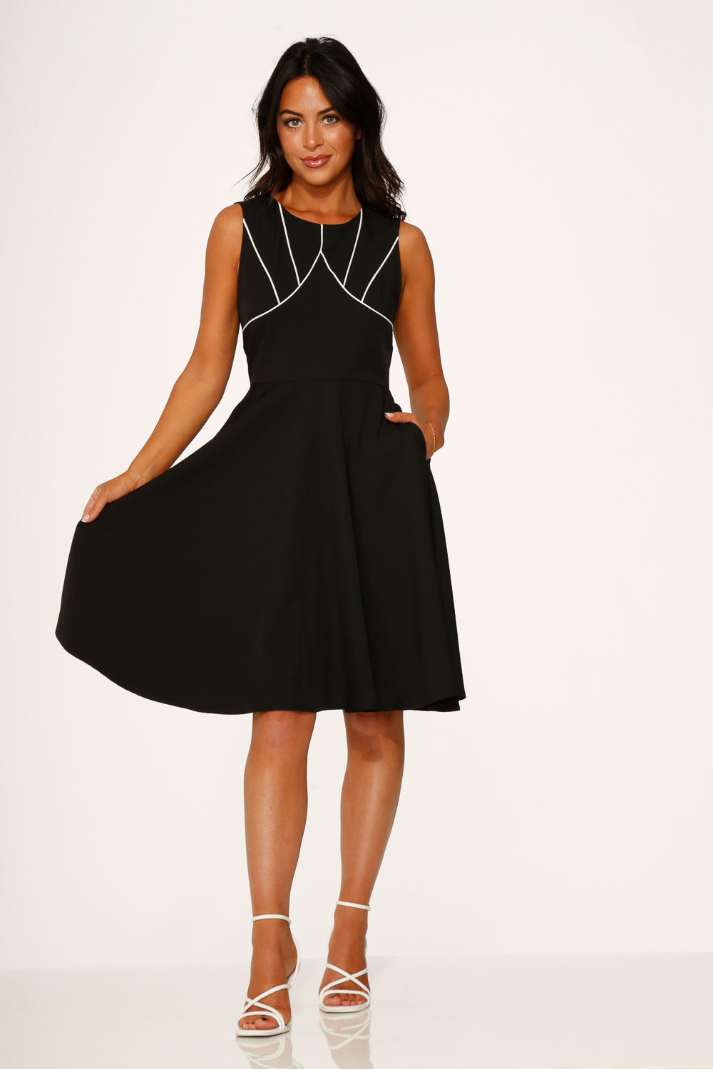 white dress with black piping 24230 Black White Piping Swing Dress 4
