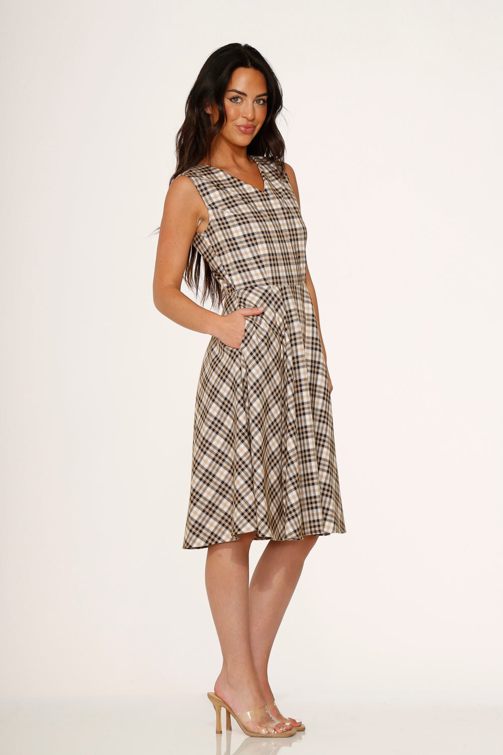24290 Yellow Plaid Swing Dress