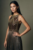 2509 Beaded Halter Neck Flapper Dress with Asymmetric Hem Black / Gold