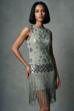 2511 Sage Green Baded Flapper Dress with Fringe Hem