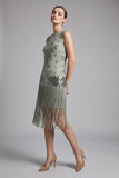 2511 Sage Green Baded Flapper Dress with Fringe Hem