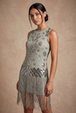 2511 Sage Green Baded Flapper Dress with Fringe Hem