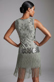 2511 Sage Green Baded Flapper Dress with Fringe Hem