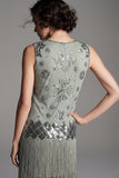 2511 Sage Green Baded Flapper Dress with Fringe Hem