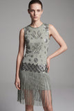 2511 Sage Green Baded Flapper Dress with Fringe Hem