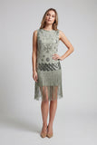 2511 Sage Green Baded Flapper Dress with Fringe Hem