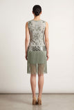 2511 Sage Green Baded Flapper Dress with Fringe Hem