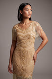 2526 Beige Flapper Dress with Fringe