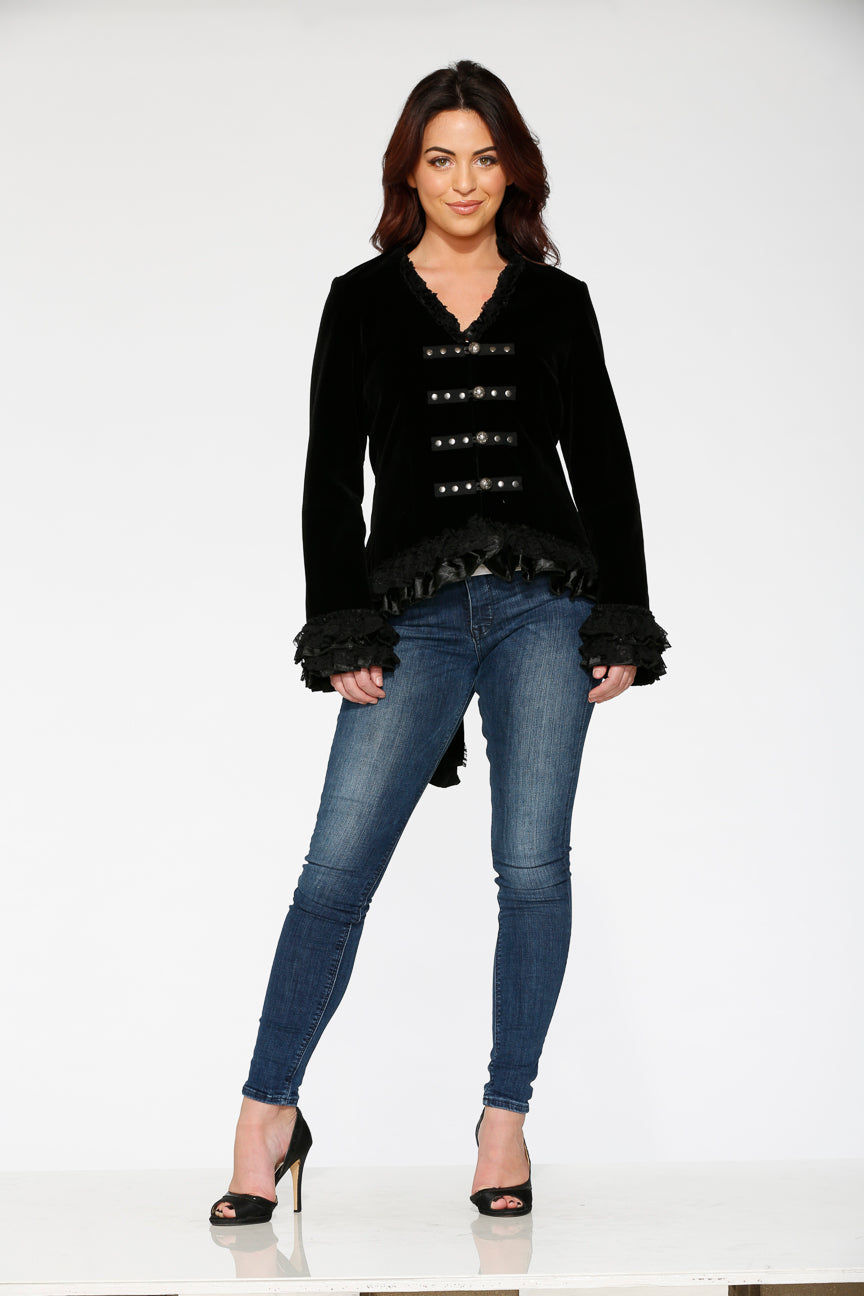 30100 Black Gloria Velvet Tailed Jacket
