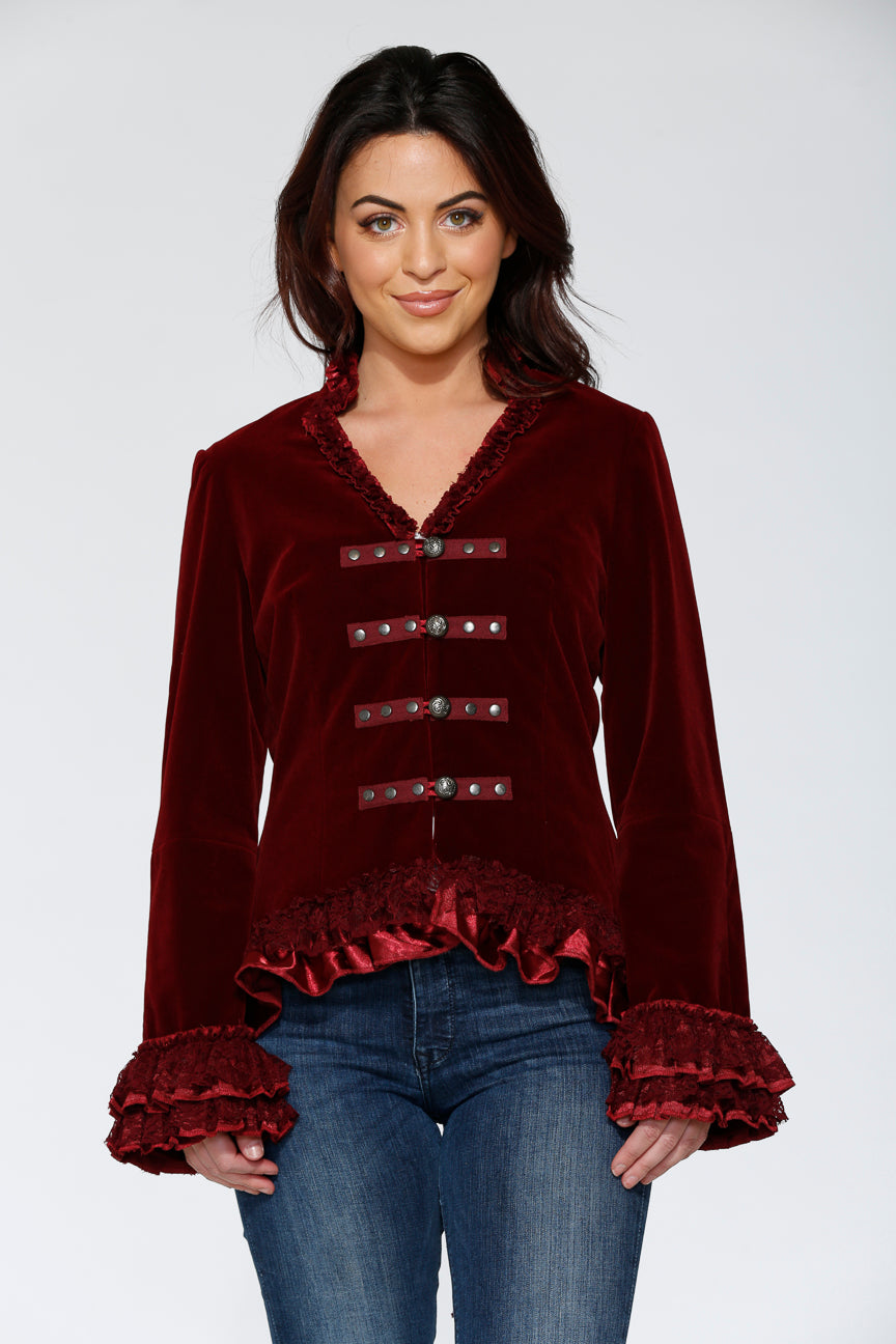 30101 Burgundy Gloria Velvet Tailed Jacket
